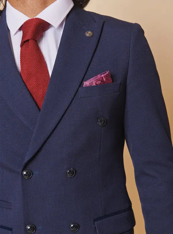 2-dielny dvojriadkový modrý pánsky oblek v kockovanom vzore - Marc