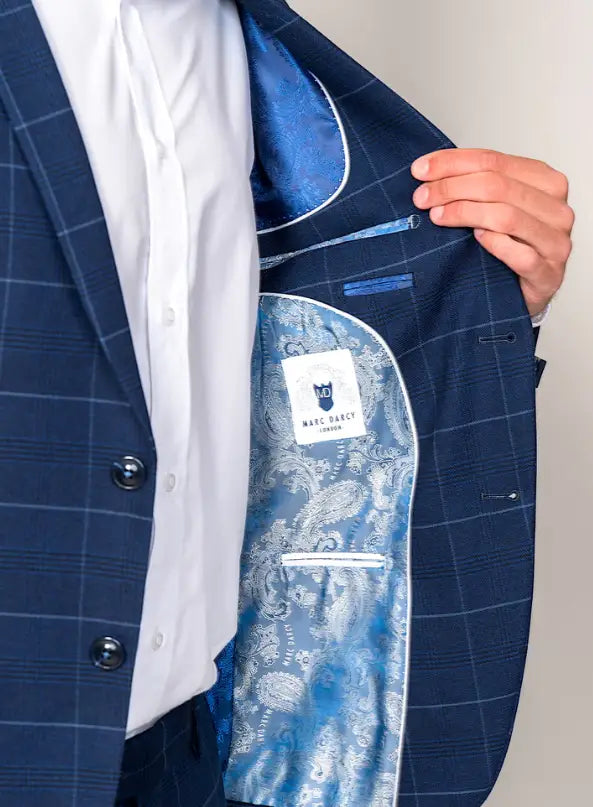2-dielny pánsky modrý oblek v kockovanom vzore - Edison navy 2-dielny