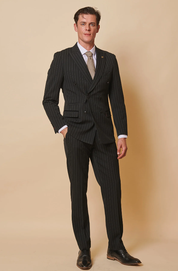 Dvojradový - Čierny prúžkovaný oblek pre mužov - Marc Darcy Rocco Čierna