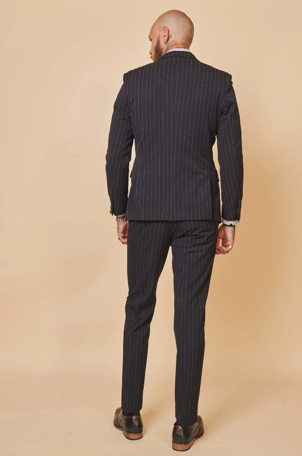Dvojradový - Tmavomodrý pruhovaný oblek pre mužov - Marc Darcy Rocco Námornícka modrá