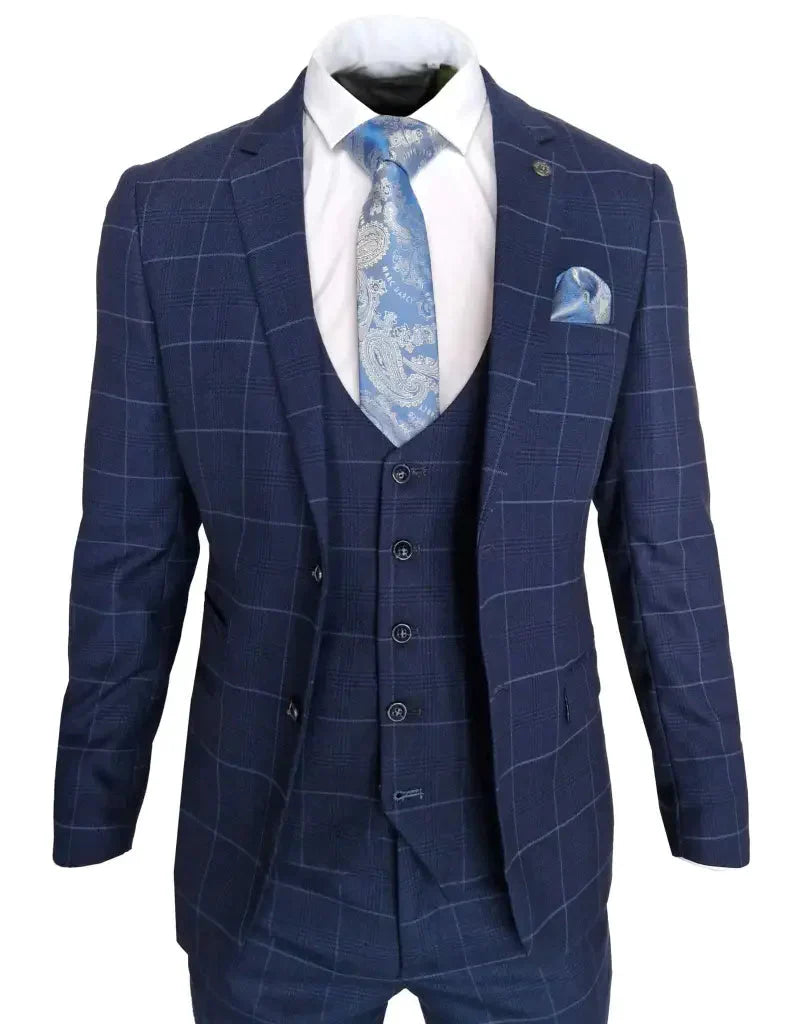 Modrý pánsky oblek - Trojdílny kostým v kockovanom vzore - Edison navy