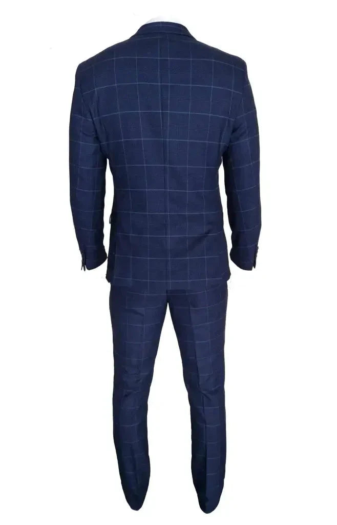 Modrý pánsky oblek - Trojdílny kostým v kockovanom vzore - Edison navy