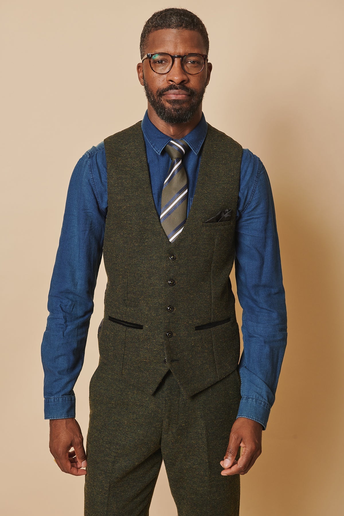 3-dielny pánsky oblek z tweedu Marlow olivový - Marc Darcy