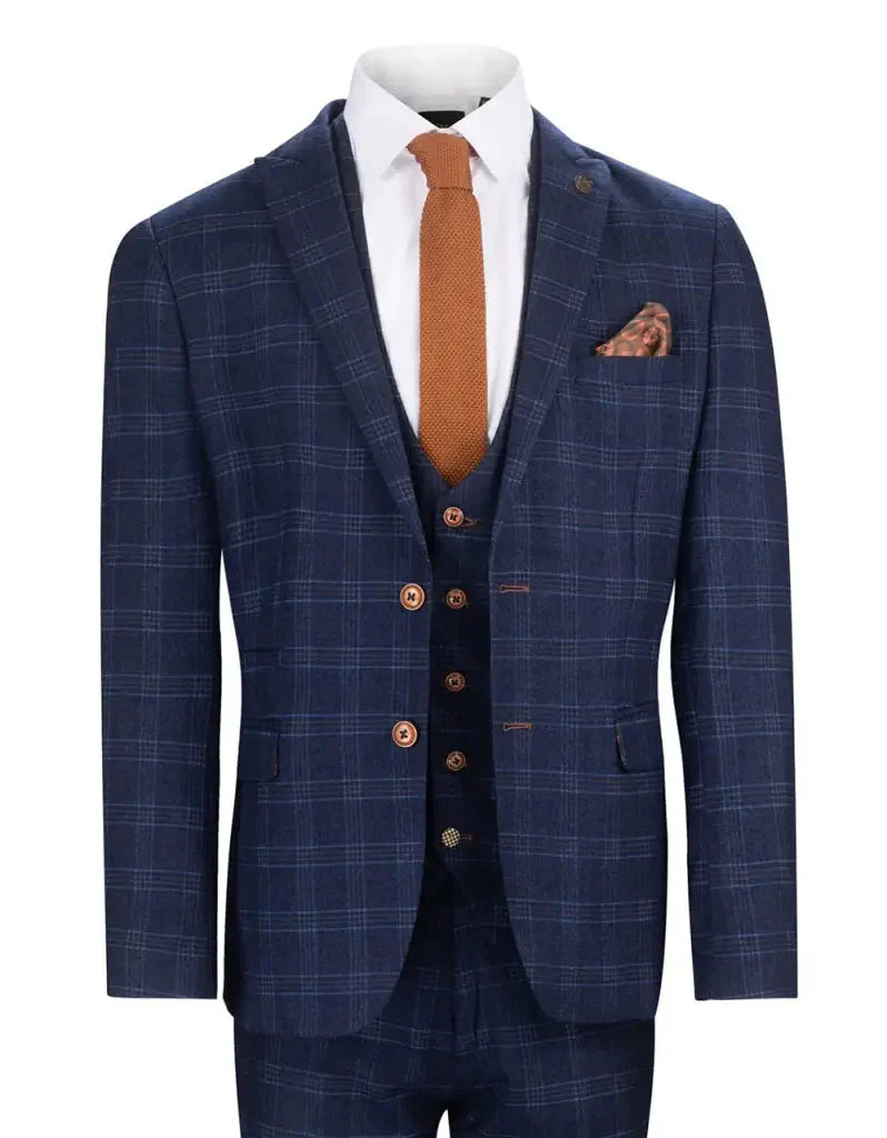 Modrý oblek s rútkou - Chigwell tweedový oblek - 44/XS - trojdílny oblek