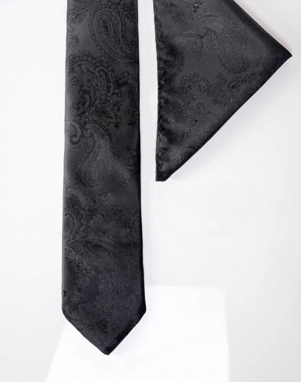 Marc Darcy Pánska sada čierna paisley kravatový set s vreckovou štvorkou