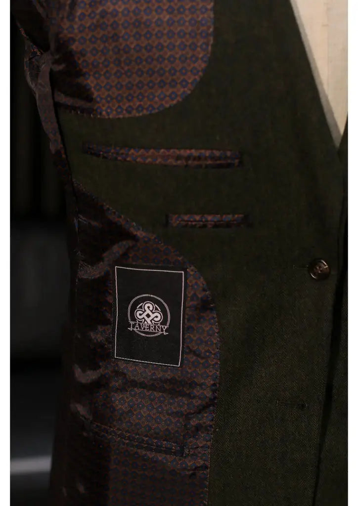 TAVERNY Chief - Pánsky oblek olivová tvida - trojdielny oblek